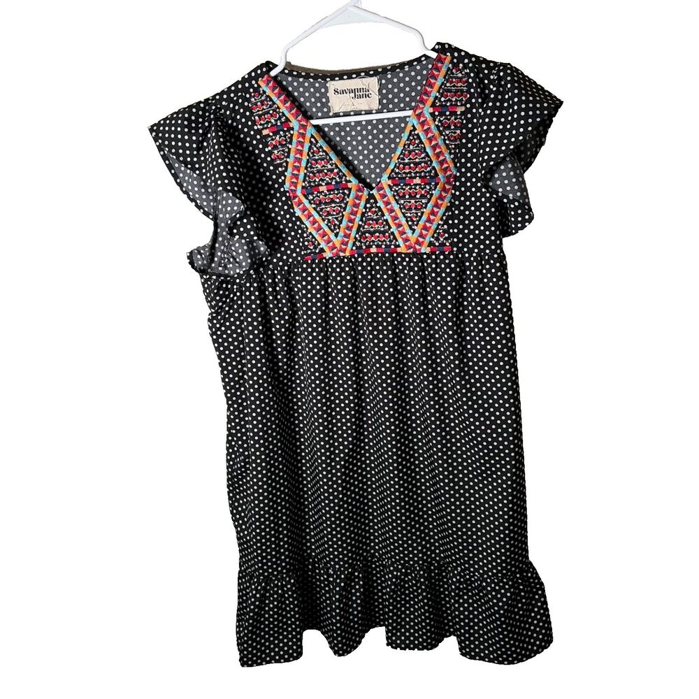 Savanna Jane Dress Women's Large Polka Dot Embroidered V-Neck Shift Casual